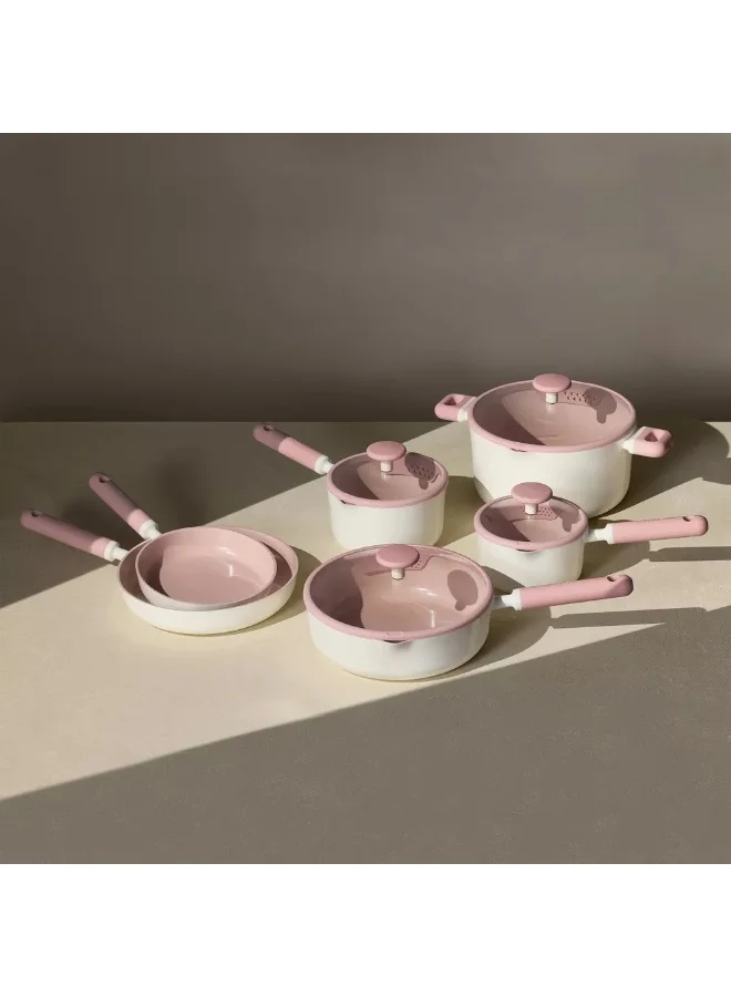 CAROTE Carote 21-Piece Ceramic Nonstick Cookware Set, PFAS-Free Healthy Cooking Set, Dual-size Silicone Strainer Lids, Full-Spray Even-Heat Base, All Kitchen Stovetop Compatible, Dishwasher Safe (Pink)